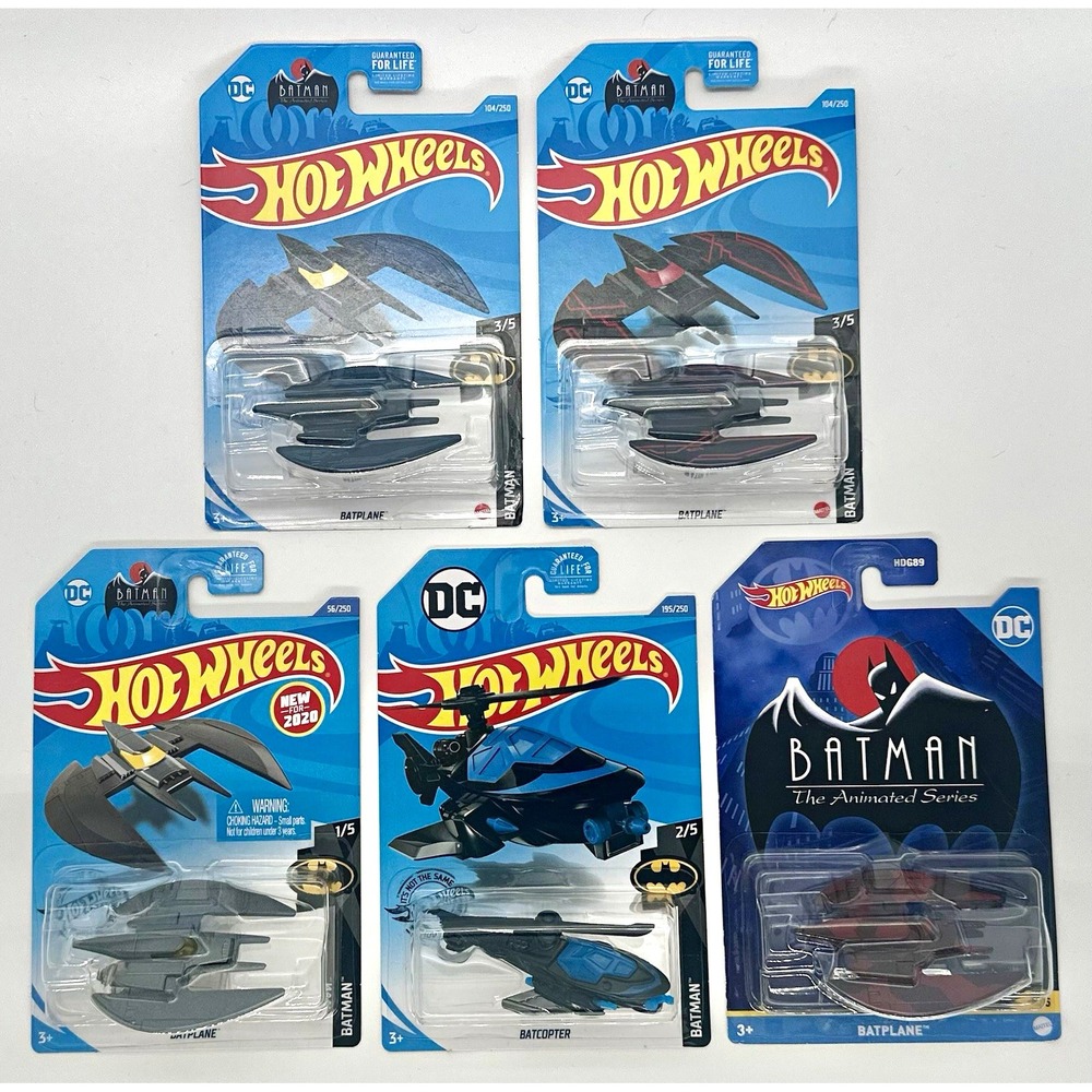 Hot Wheels Batman Batplane Batcopter Lot of 5 DC Comics 1:64 Blue Black Red Grey